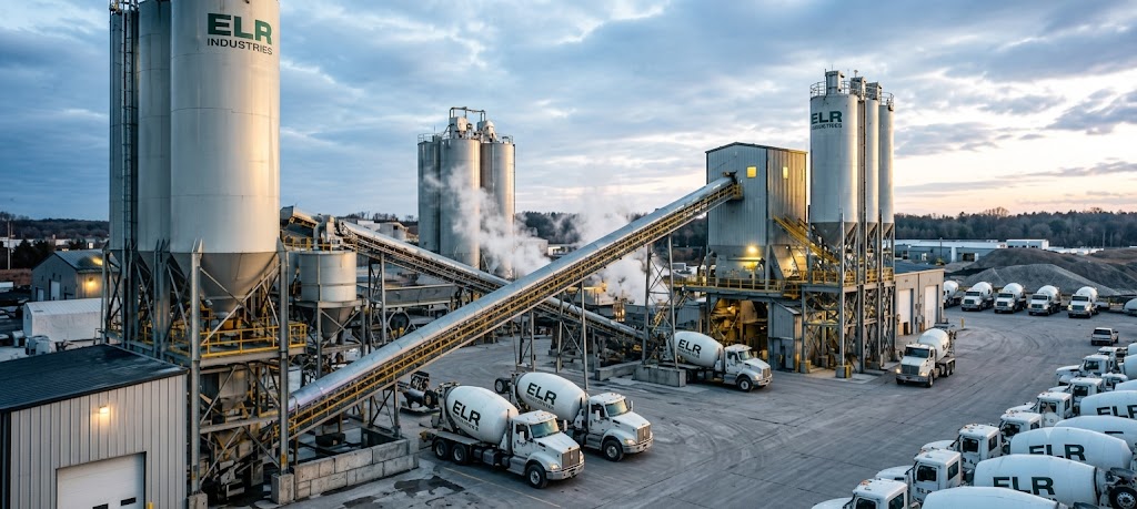 Modern concrete manufacturing plant at dawn